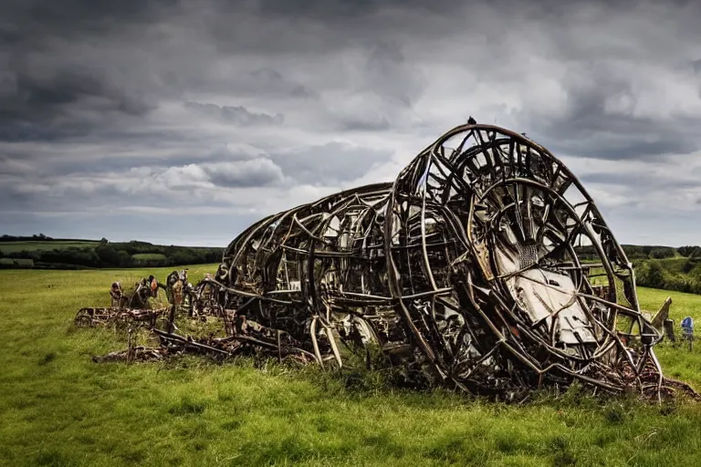 Prompt: beautiful english countryside, a ginormous destroyed streampunk machine lies broken in a field, many people, fire and oil