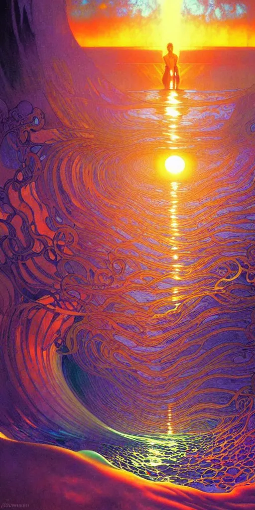 Image similar to ocean wave around psychedelic mushroom, dmt water, lsd droplets, backlit, sunset, refracted lighting, art by collier, albert aublet, krenz cushart, artem demura, alphonse mucha