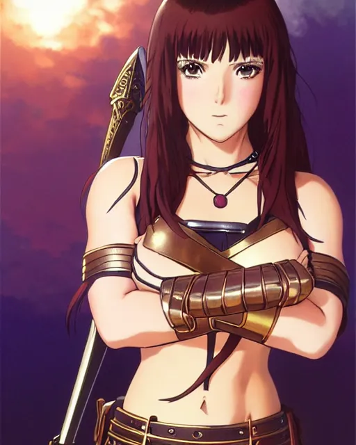 Image similar to Anime as Xena-warrior-queen girl cute-fine-face, brown-red-hair pretty face, realistic shaded Perfect face, fine details. Anime. realistic shaded lighting by Ilya Kuvshinov katsuhiro otomo ghost-in-the-shell, magali villeneuve, artgerm, rutkowski, WLOP Jeremy Lipkin and Giuseppe Dangelico Pino and Michael Garmash and Rob Rey