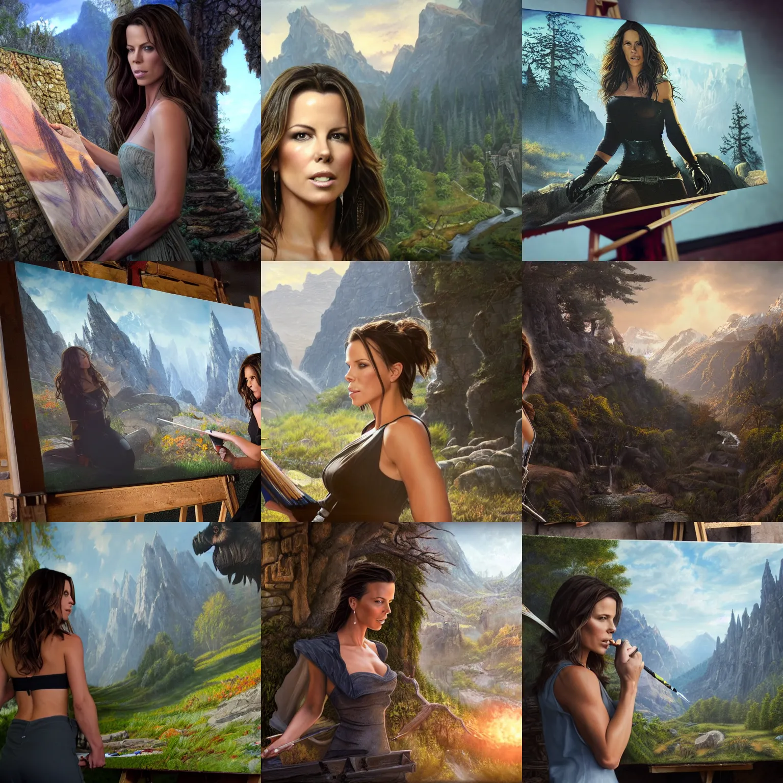 Prompt: a closeup photorealistic photograph of kate beckinsale working on a canvas painting of fantasy dungeon. film still. brightly lit scene. mountains and trees. this 4 k hd image is trending on artstation, featured on behance, well - rendered, extra crisp, features intricate detail, epic composition and the style of unreal engine.