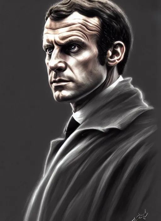 Image similar to portrait of stoic looking emmanuel macron as in the vigo carpathian painting, full body, police uniform, fantasy, intricate, elegant, beautiful, highly detailed, charcoal, centered, dark, smokey, digital painting, artstation, concept art, smooth, sharp focus, illustration, art by artgerm and greg rutkowski and alphonse mucha