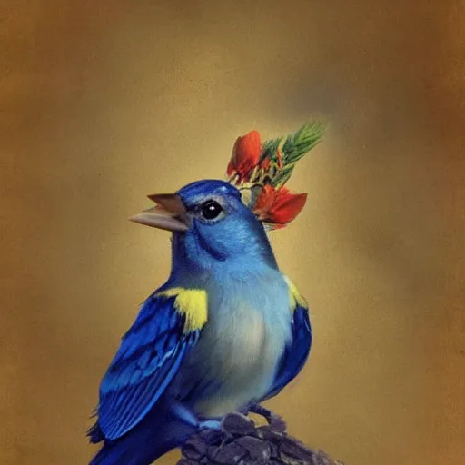 Image similar to a songbird wearing a crown, an indigo bunting, bird, blue canary, wearing a crown and bowtie by greg rutkowski, rossdraws, gil elvgren, enoch bolles, anime, very coherent