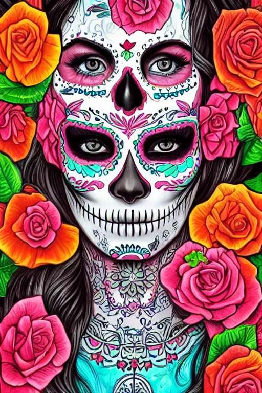 Prompt: illustration of a sugar skull day of the dead girl, art by magali villeneuve