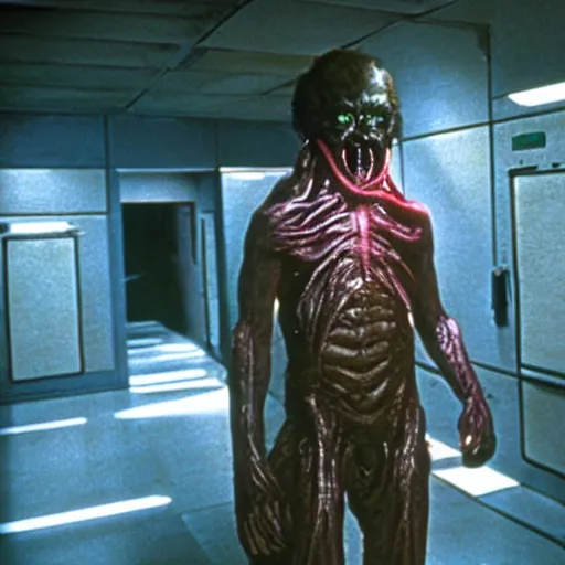 Prompt: 1 9 8 0 s sci - fi movie, vintage still frame, skinned monster demon in hi - tech corridor, photorealistic, art by ridley scott