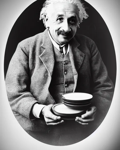 Image similar to A photo of Albert Einstein with a plate full of Samosas, highly detailed, trending on artstation, bokeh, 90mm, f/1.4