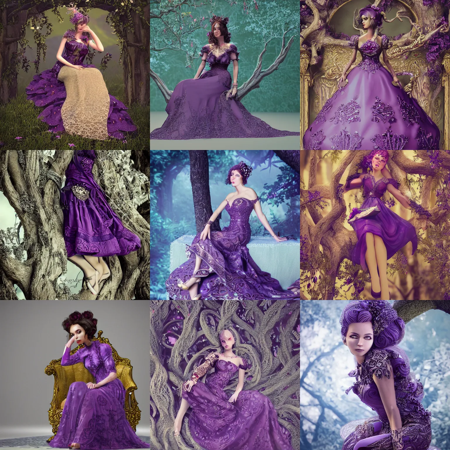 Prompt: pretty lady wearing an ornate purple dress sitting in a tree, beautiful, detailed, intricate, insanely, detailed, octane render