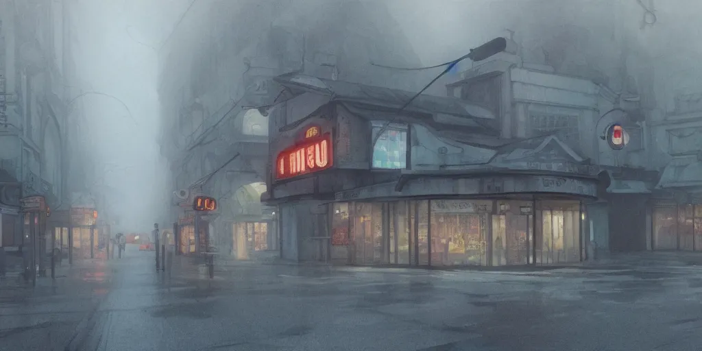 Image similar to an old cinema, foggy rainy day, matte painting, studio ghibli, artstation