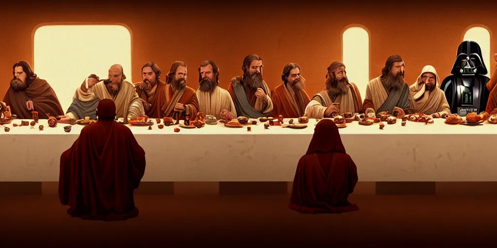 Image similar to star wars last supper by wes anderson, digital painting, trending on artstation, sharp focus, 4 k