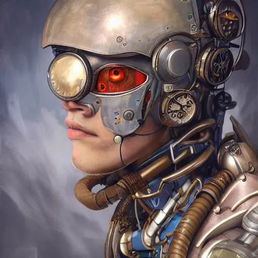 Image similar to portrait painting of a steampunk cyborg superhero, transhumanism, ultra realistic, concept art, studio ghibli, intricate details, eerie highly detailed