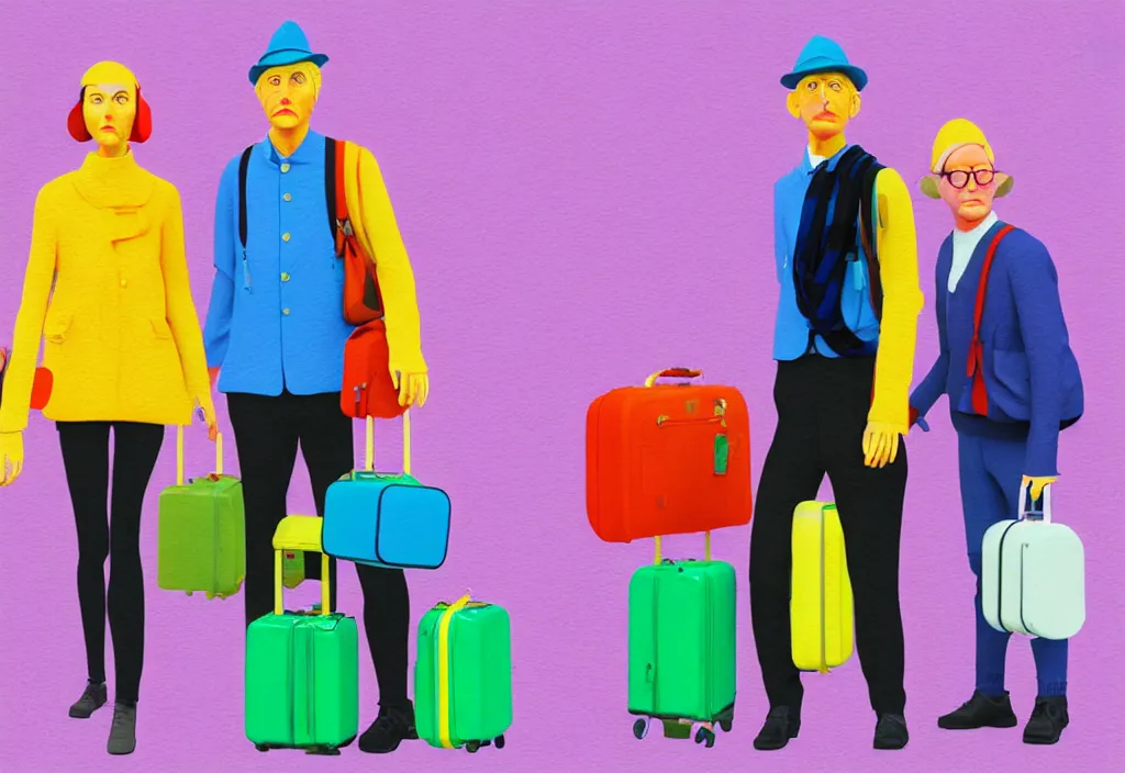 Image similar to full body portrait of a trio of european tourists autumn travel apparel, various poses walking and carrying luggage, character designs painting, in the style of wes anderson, rene magritte, lola dupre, david hockney, isolated on white background, dark monochrome neon spraypaint accents volumetric octane render