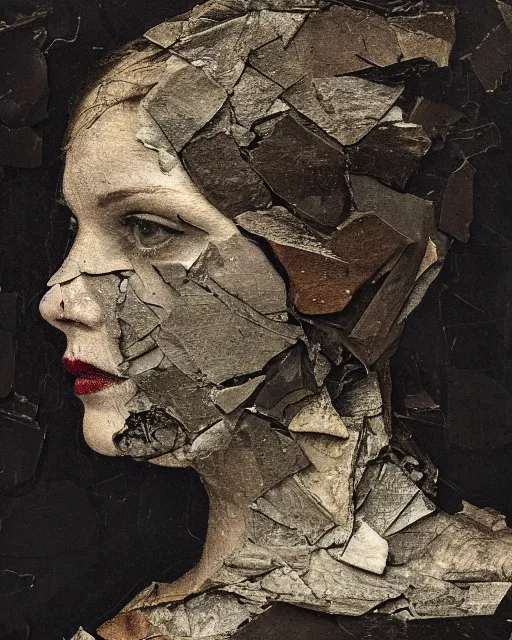 Image similar to a woman's face in profile, made of broken shards, in the style of the Dutch masters and Gregory Crewdson, dark and moody