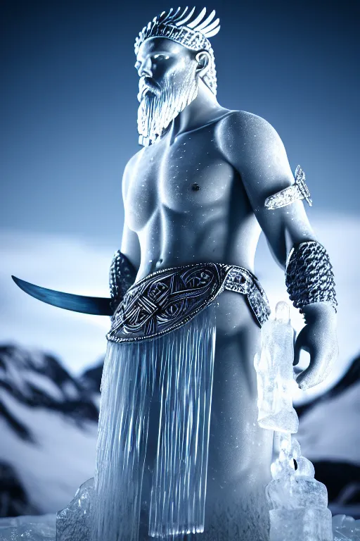 Image similar to photography of a hyper realistic clear ice statue of un unknow viking warrior god. stuning, intricate, complexe. snowy mountains dream landscape. professional digital art, unreal engine 5