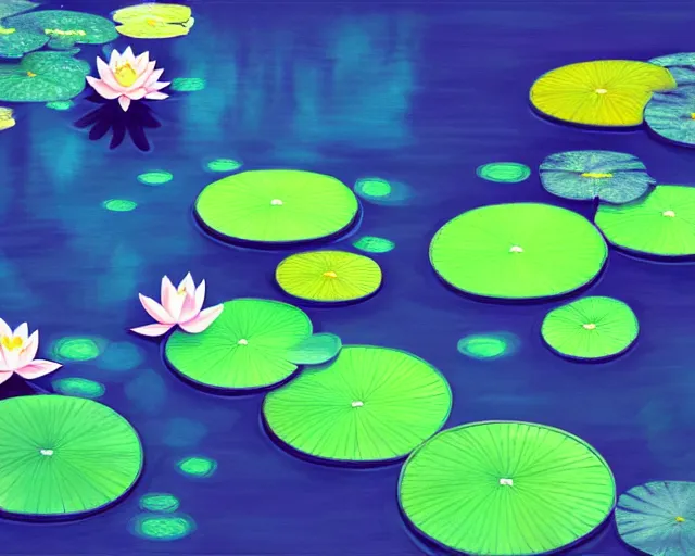 Image similar to Digital painting of koi pond, lotus flowers, dark blue water, green lily pads, goldfish, a fantasy digital painting by makoto shinkai and Alena Aenami, trending on artstation,