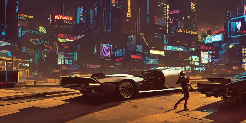 Image similar to art style by Ben Aronson and Edward Hopper and Syd Mead, wide shot view of the Cyberpunk 2077, on ground level.