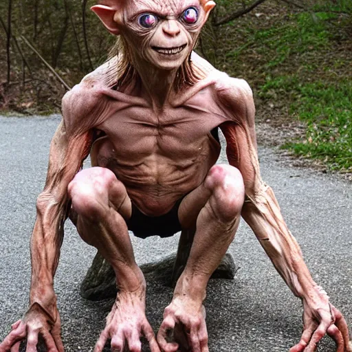 Image similar to gollum has giant chicken legs instead of his legs