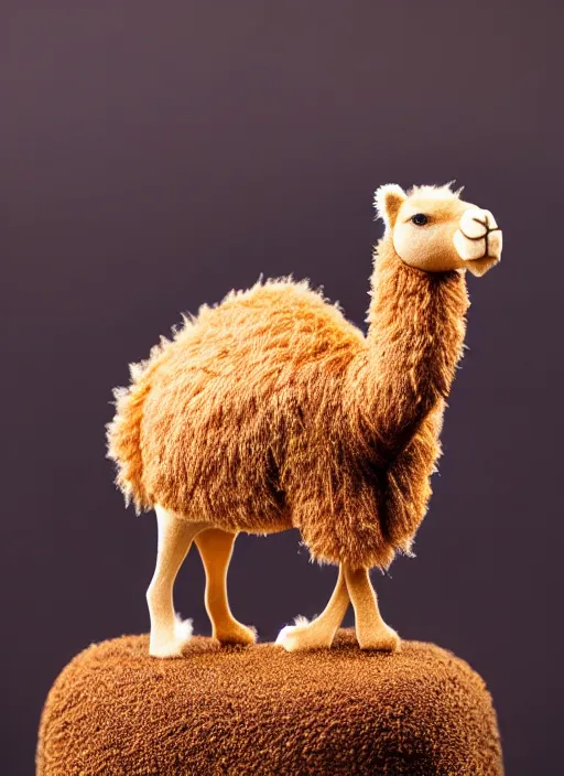 Image similar to 80mm resin detailed miniature of fluffy camel in desert, coca cola in camel head, in background there is fir, Product Introduction Photos, 4K, Full body, simple background