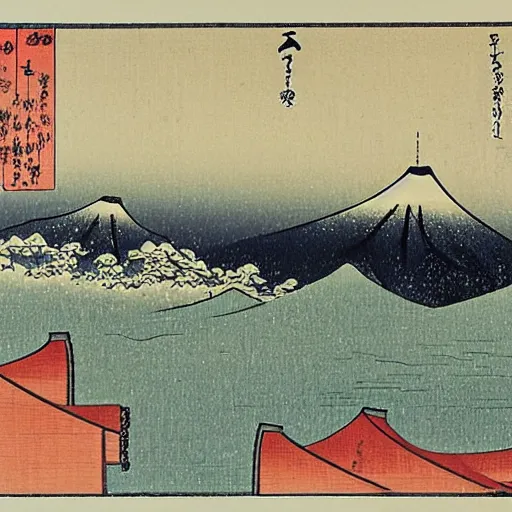 Image similar to japanese city built into a snowy mountain range in ukiyo - e style