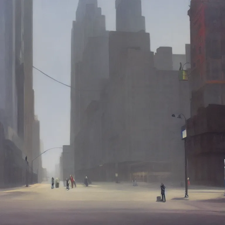 Prompt: city fog, early morning, streets with trash, painted by Edward Hopper, painted by Wayne Barlow, airbrush