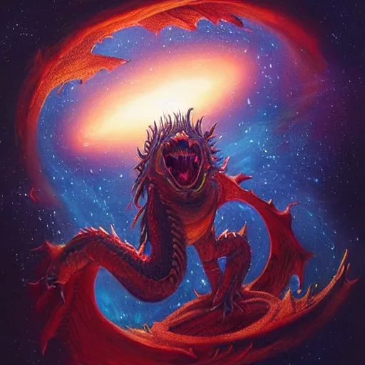 Image similar to A beautiful conceptual art of a dragon in space by Justin Gerard. The dragon is in the foreground with its mouth open, revealing rows of sharp teeth. Its body is coiled and ready to strike, and its tail is wrapped around a star in the background. The colors are bright and the background is full of stars and galaxies. The overall effect is one of chaotic energy and movement. stonepunk, catholicpunk by Anders Zorn ornate