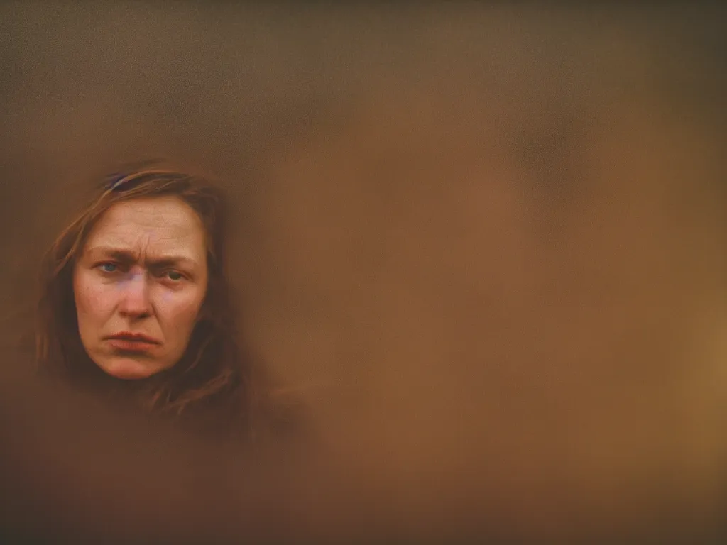 Image similar to close up portrait bust of woman sitting on fence, tired expression, faded color film, russian cinema, tarkovsky, technicolor, heavy forest, wood cabin in distance, shallow depth of field, long brown hair, old clothing, heavy fog, atmospheric haze, brown color palette, sunset, low light, hudson river school, 4 k, dramatic lighting