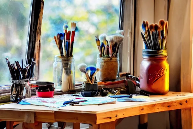 Image similar to artists studio full of art equipment. mason jar full of brushes close view on table easel with paining by window scenic full shot ambient lighting