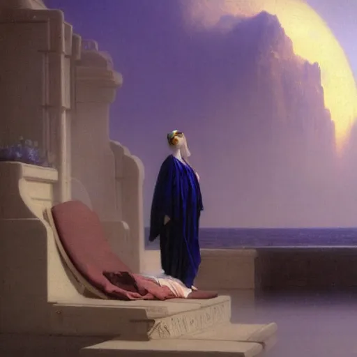 Image similar to a young woman's face, her hair is white and she wears an indigo blue satin cloak, by ivan aivazovsky and syd mead and moebius and gaston bussiere and roger dean and pieter claesz and paul delaroche and alma tadema and aelbert cuyp and jan heem, hyperrealistic, volumetric light, octane render