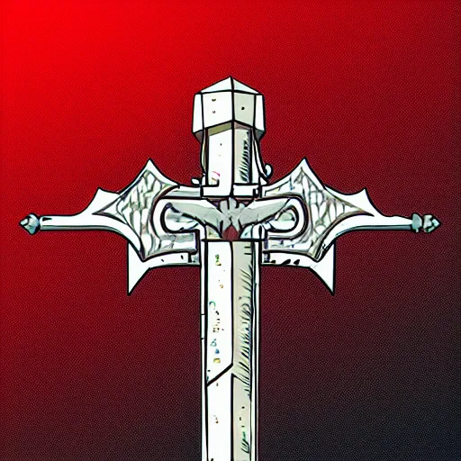 Image similar to game - icon of medieval sword and axe crossed on a prism, red powerful fantasy epic legends, game icon stylized, digital illustration radiating, a glowing aura, global illumination, ray tracing, 8 k high definition, intricate details, octane render, unreal engine, trending on arstation