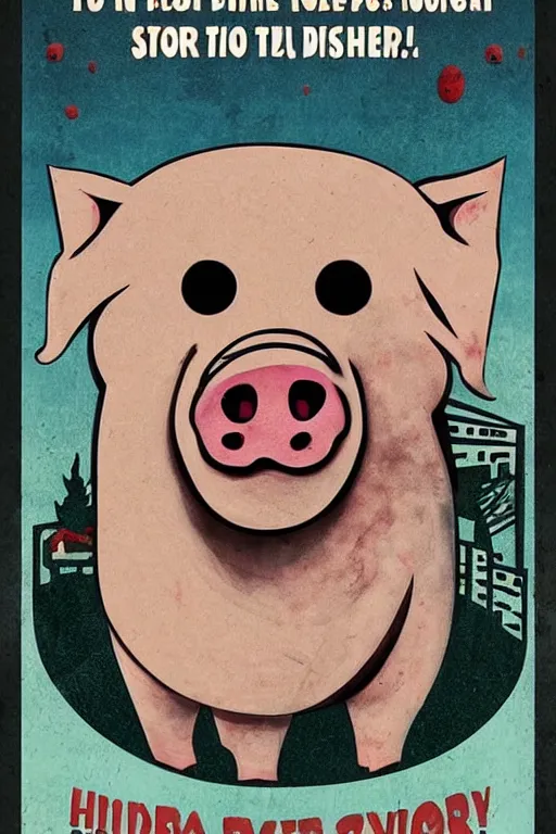 Prompt: a poster for a horror movie about a pig 1984