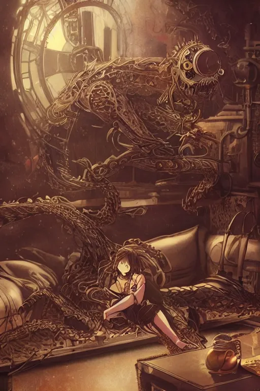 Image similar to anime style movie illustration, old sick gold and crimsoned scaled asian dragon on a steam punk couch with wires and gears and steam punk apparatus, artstation, matte painting, style of studio ghibli, featured in artstation and artgerm and pixiv, award winning, cinematic, elegant, intricate, 8 k