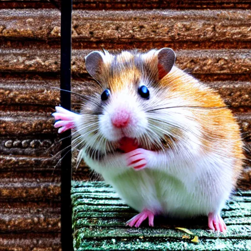 Prompt: a hamster crawling out of a mail box and smiling, outdoors, close up, dslr photo