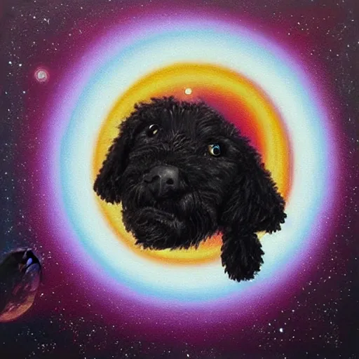 Prompt: a small black labradoodle in space emerging from a spacetime portal. award - winning. oil painting. cute. surreal.