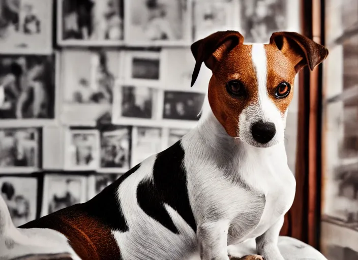 Image similar to photography of a Jack Russel . watching outside the window. on a bed. in a vintage room full of vinyls and posters.,volumetric light, photorealistic,, award winning photo, 100mm, sharp, high res