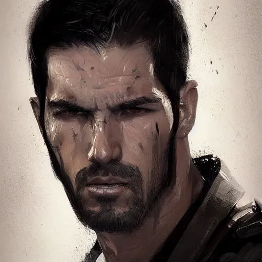 Image similar to portrait of a man by greg rutkowski, he looks like scott adkins, he is wearing a black kevlar gear, highly detailed portrait, digital painting, artstation, concept art, smooth, sharp foccus ilustration, artstation hq