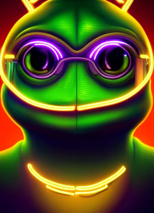 Image similar to portrait of pepe the frog cyber android, intricate, elegant, cyber neon lights, highly detailed, digital painting, cinema 4 d, glamor pose, concept art, smooth, sharp focus, illustration, art by artgerm and greg rutkowski