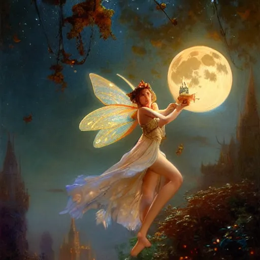 Prompt: attractive fairy magically floating high in the night, fantasy, full moon in background. highly detailed painting by gaston bussiere, craig mullins, j. c. leyendecker, mid shot, 8 k realistic, cryengine, frostbite 3 engine, sharp focus