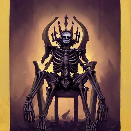 Prompt: Skeleton King, human skeleton, resting on his throne, oil painting, by Fernanda Suarez and Greg Rutkowski