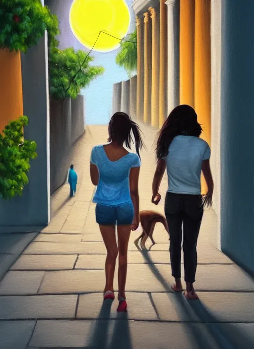 Image similar to young beautiful brown woman walking with her dog on Paseo Montejo in Merida Mexico at night with a full moon, illustration, photoreal, fantasy, trending. masterpiece work of art . oil on canvas. Digitally painted. Realistic. 3D. 8k. UHD.