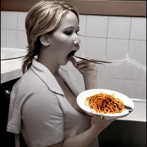Prompt: fat jennifer lawrence eating spaghetti in the bathroom