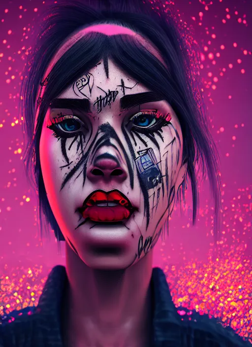 Prompt: digital painting of a streetwear woman wearing thick mascara, crying, a city burns in the background, police lights, distress, tattoos, dark glitter, Cinestill 50d, 4k, 8k, hd, full color, octane render, trending on artstation, highly detailed