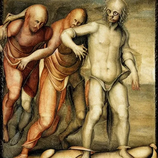 Image similar to alien walking between people, Renaissance painting style, detailed faces