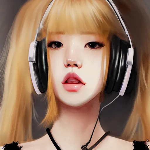 Image similar to realistic beautiful gorgeous natural cute Blackpink Lalisa Manoban blonde hair cute fur blonde cat ears, wearing camisole, wearing headphones, wearing black leather choker artwork drawn full HD 4K highest quality in artstyle by professional artists WLOP, Taejune Kim, Guweiz on Artstation Pixiv