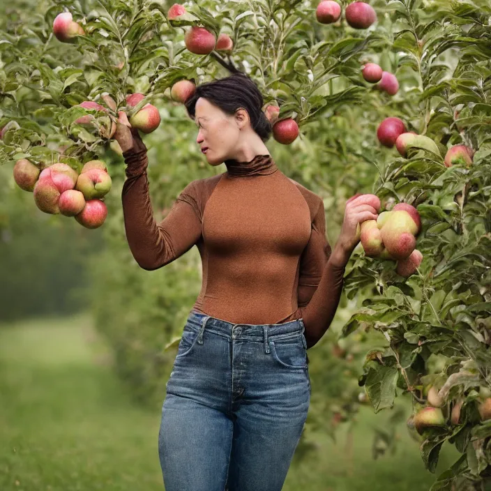 Image similar to a closeup portrait of a woman wearing a copper bodysuit, picking apples from a tree, foggy, moody, photograph, by vincent desiderio, canon eos c 3 0 0, ƒ 1. 8, 3 5 mm, 8 k, medium - format print