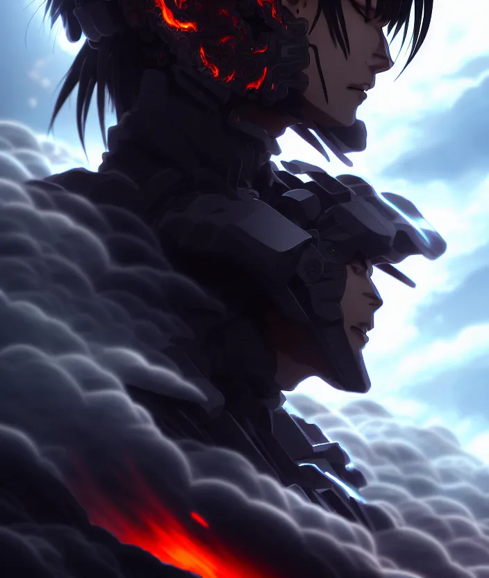 Image similar to a detailed manga illustration character full body portrait of a dark haired cyborg anime man shrouded in clouds of dark smoke and fire, trending on artstation, digital art, 4 k resolution, detailed, high quality, sharp focus, hq artwork, insane detail, concept art, character concept, character illustration, full body illustration, cinematic, dramatic lighting