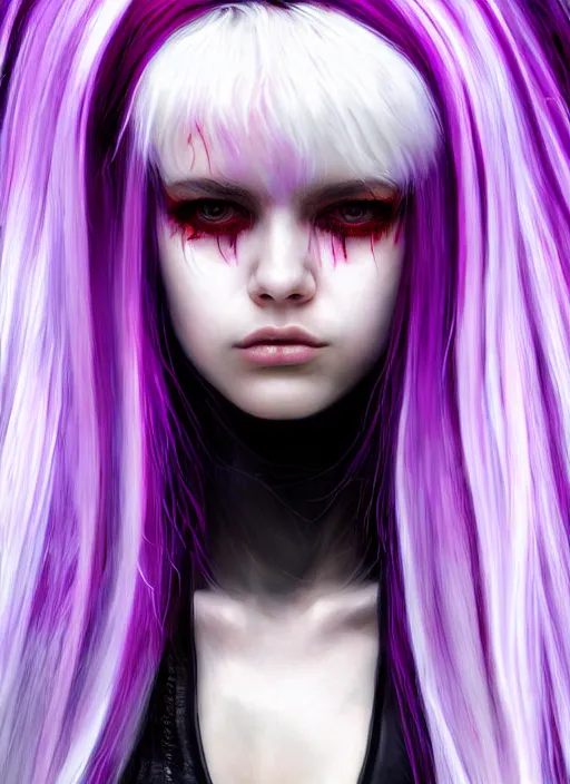 Image similar to hair whitebangs hair, black cyberlox, portrait of normal teenage girl, white bangs, messy bangs, fluffy bangs, cyberlox, whitebangs, red irises, purple background, intricate, elegant, highly detailed, digital painting, artstation, concept art, sharp focus, smooth, illustration, art by wlop, mars ravelo and greg rutkowski