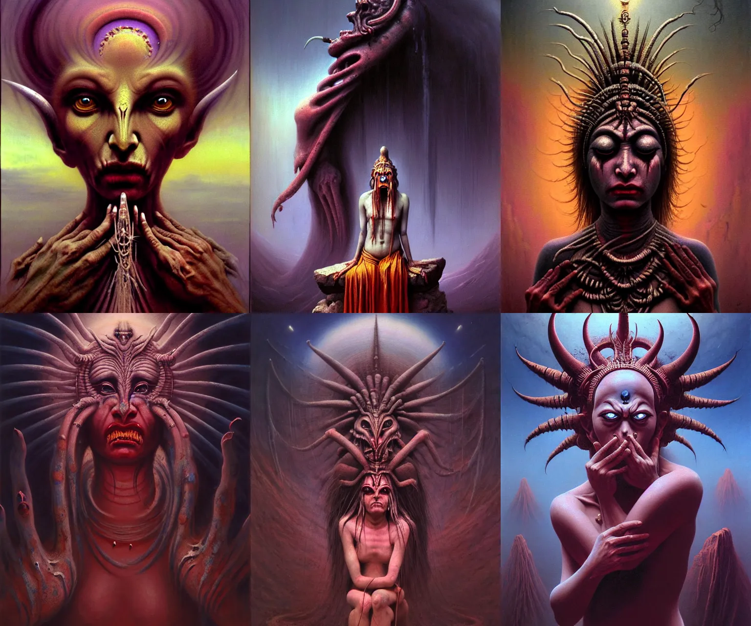 Prompt: A sad cinematic crying mid portrait of the Hindu demon goddess of grief despair and eternal sorrow, by David Schleinkofer, by Wayne Barlowe, by Paul Lehr, by Bruce Pennington, by Zdzisław Beksiński, by HR Giger, oil on canvas, masterpiece, trending on artstation, featured on pixiv, cinematic composition, astrophotography, dramatic pose, beautiful lighting, sharp, details, details, details, hyper-detailed, no frames, 8K