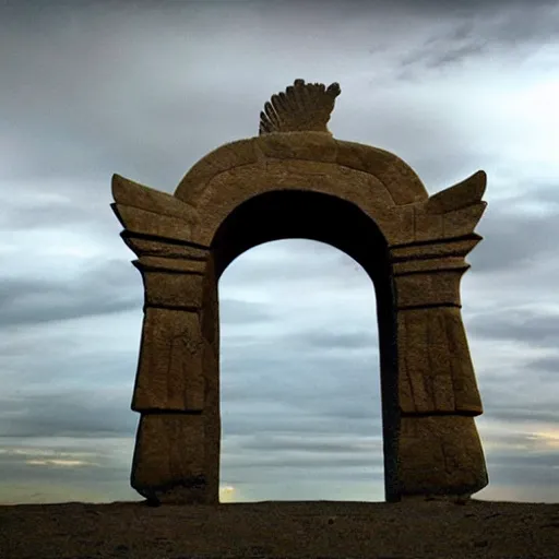 Prompt: stargate made of stone that form a circle, cinematic view, epic sky