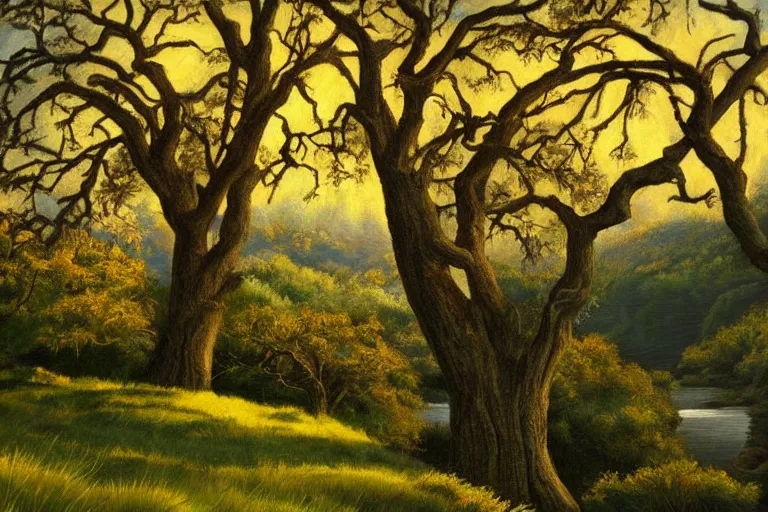 Image similar to masterpiece painting of oak trees on a hillside overlooking a creek, dramatic lighting, by nora collyer