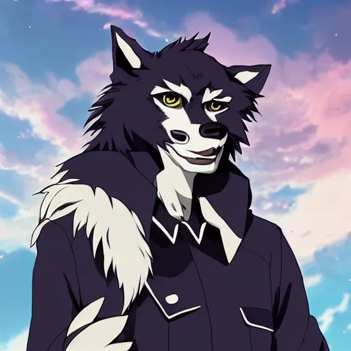 Image similar to key anime visual portrait of an anthropomorphic anthro wolf fursona, in a jacket, with handsome eyes, official modern anime art