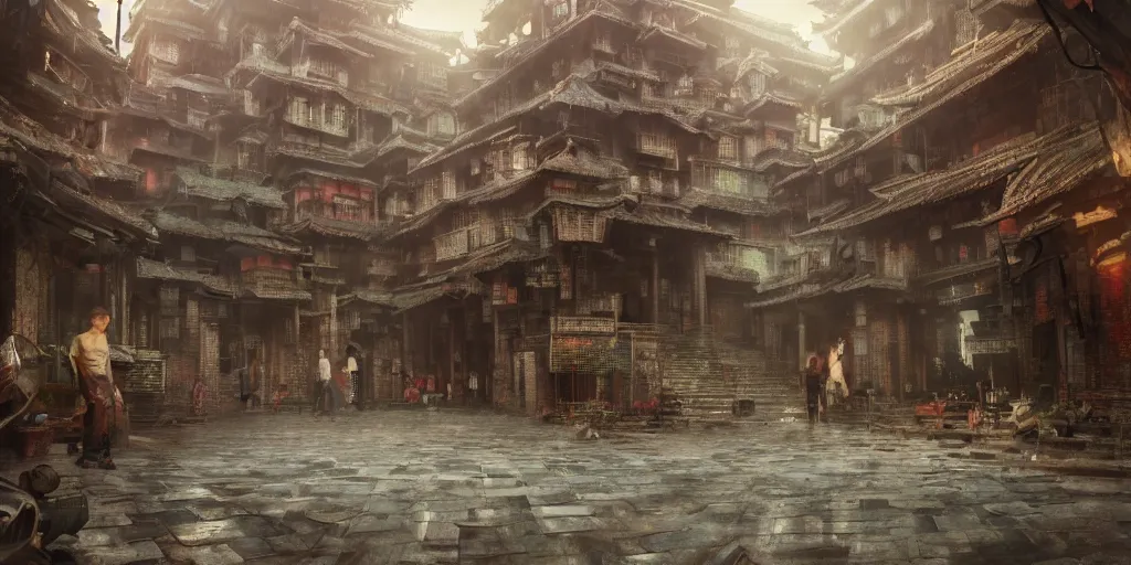 Image similar to inside of kowloon walled city by early evening, flat interior, concept art, light, shadows, reflections, epic composition, intricate, elegant, volumetric lighting, digital painting, highly detailed, artstation, sharp focus, illustration, octane render, concept art, ruan jia, steve mccurry