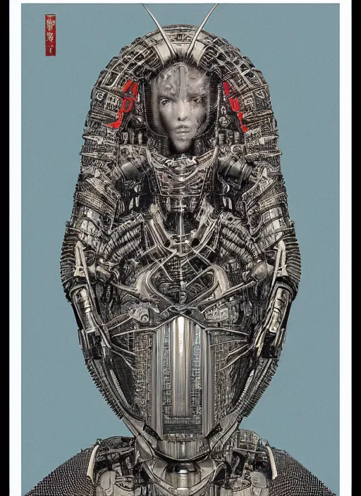 Image similar to 2 d illustration, grained risograph, vintage horror sci - fi portrait of a futuristic silver armored geisha district 9 cyborg, parallax, fractal, intricate, elegant, by jheronimus bosch and moebius louis jacques mande daguerre and szukalski